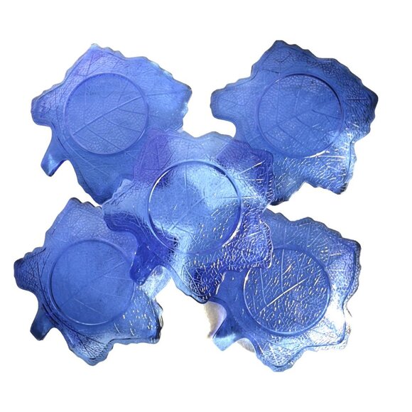 VTG Set 5 Cobalt Blue Maple Leaf Plate 8" L E Smith Vintage Mount Pleasant Salad - Picture 3 of 8